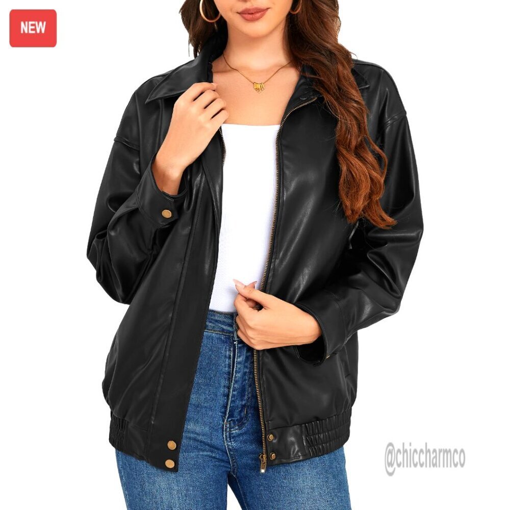Oversized Faux Leather Jacket Zip Up Motorcycle Style With Pockets Chic